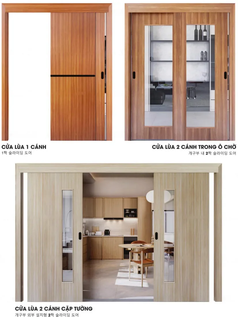 Ba kiểu cửa l&ugrave;a ABS Barun Door: cửa l&ugrave;a 1 c&aacute;nh v&acirc;n gỗ cam, cửa l&ugrave;a 2 c&aacute;nh &ocirc; k&iacute;nh trong &ocirc; chờ v&agrave; cửa l&ugrave;a 2 c&aacute;nh v&acirc;n gỗ s&aacute;ng cặp tường