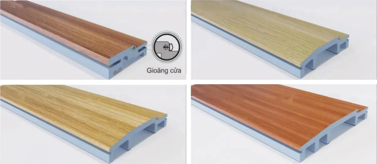 Bốn thanh khung bao cửa ABS Barun Door với c&aacute;c bản rộng kh&aacute;c nhau, phủ film v&acirc;n gỗ nhiều m&agrave;u, thanh đầu c&oacute; r&atilde;nh gắn gioăng cửa