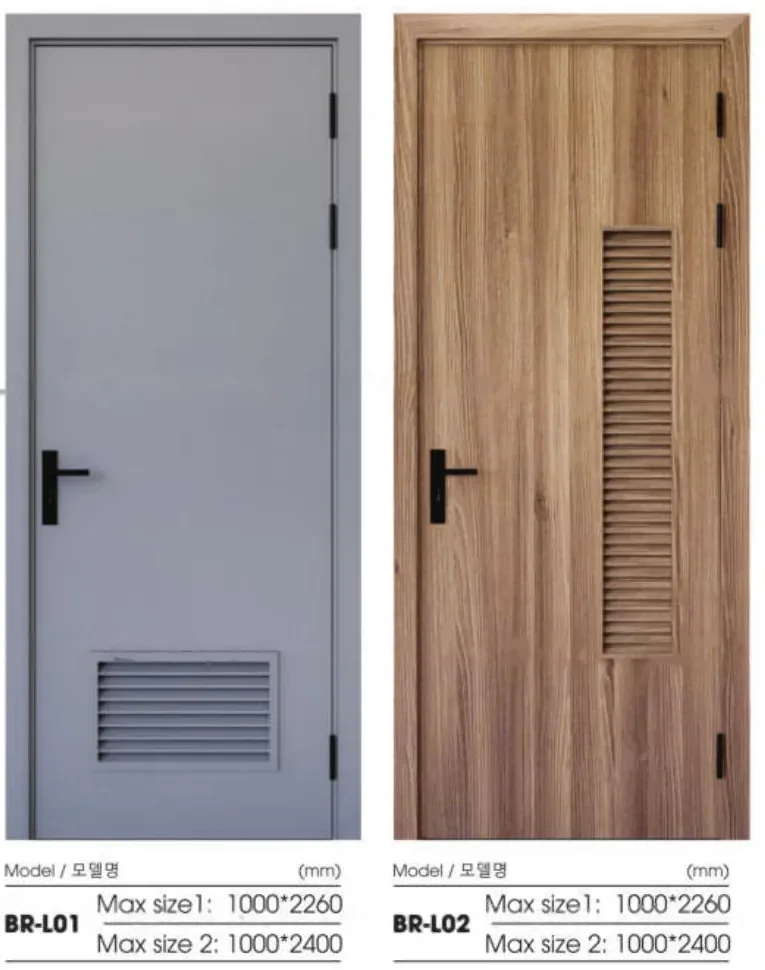 Hai mẫu cửa lam gi&oacute; BR-L01 v&agrave; BR-L02 cho ph&ograve;ng tắm trong catalogue Barun Door 2026