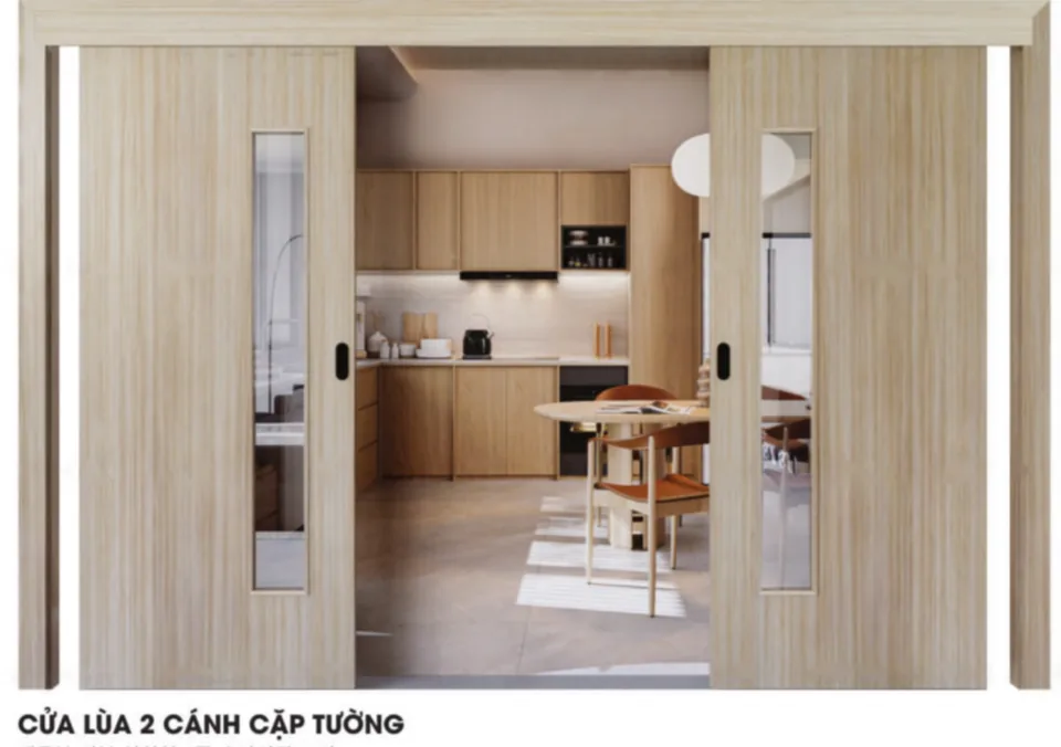 Catalogue Barun Door 2026: cửa l&ugrave;a 2 c&aacute;nh cặp tường v&acirc;n gỗ s&aacute;ng c&oacute; &ocirc; k&iacute;nh dọc, mở ra hai ph&iacute;a
