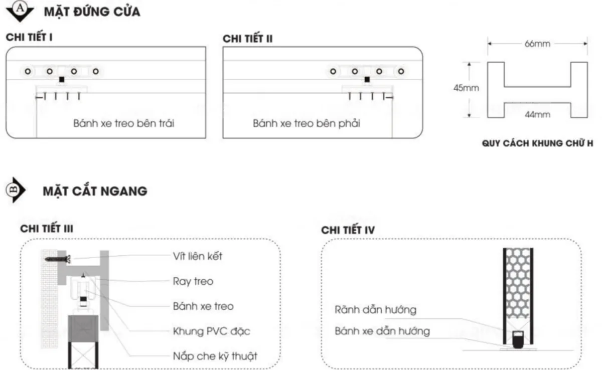 Bản vẽ catalogue Barun Door: ray treo, b&aacute;nh xe treo, khung PVC đặc, nắp che kỹ thuật v&agrave; b&aacute;nh xe dẫn hướng của cửa l&ugrave;a