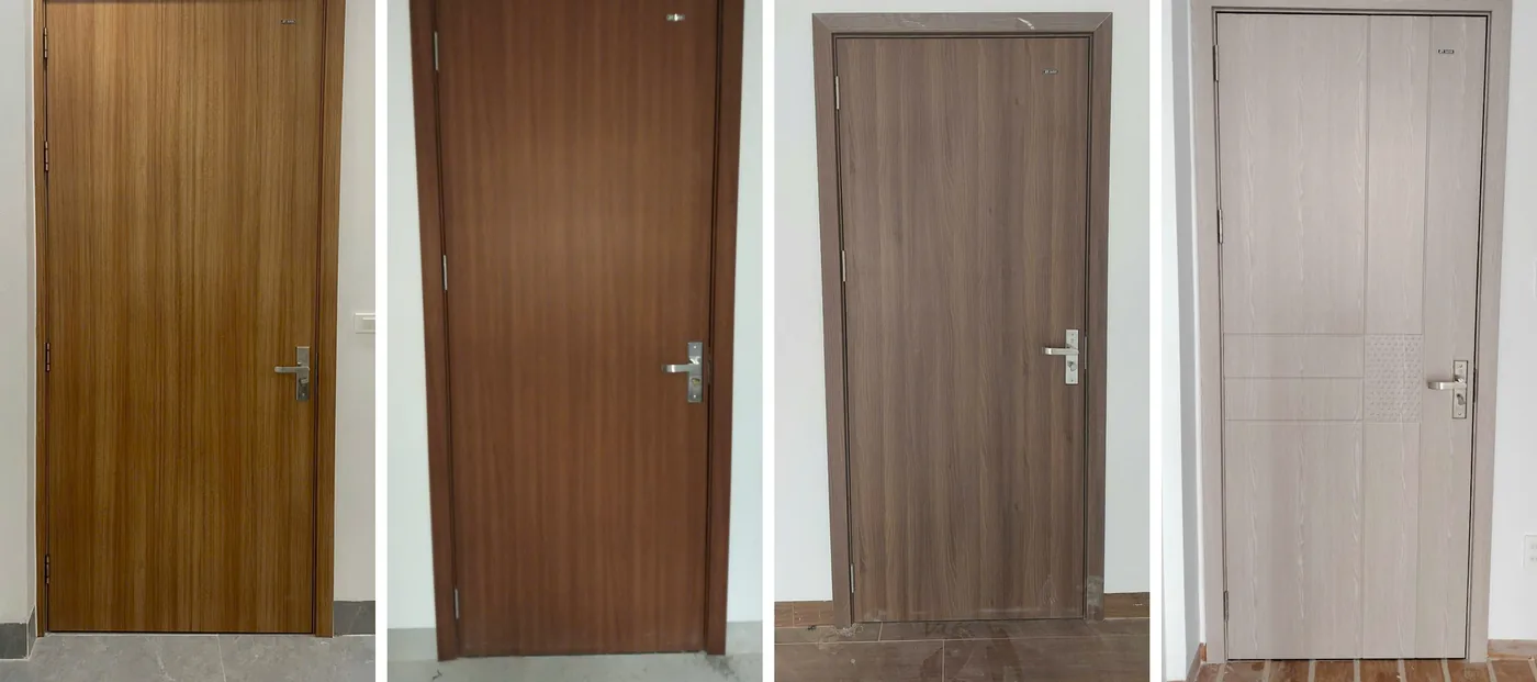 Bốn cửa nhựa ABS Barun Door lắp thực tế với bốn t&ocirc;ng m&agrave;u v&acirc;n gỗ từ v&agrave;ng s&aacute;ng đến x&aacute;m trắng