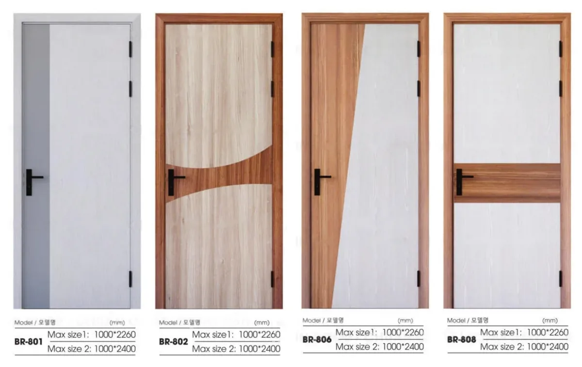 Bốn mẫu cửa phối m&agrave;u BR-801, BR-802, BR-806, BR-808 đặt cạnh nhau, kết hợp mảng v&acirc;n gỗ đậm hoặc x&aacute;m với nền trắng v&acirc;n gỗ