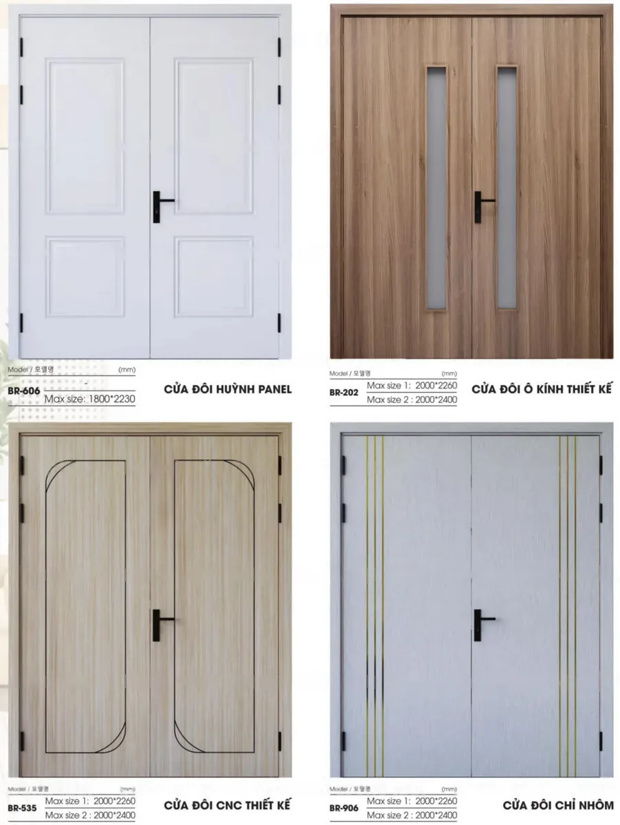 Bốn mẫu cửa đ&ocirc;i 2 c&aacute;nh đều ABS Barun Door: huỳnh panel m&agrave;u trắng, &ocirc; k&iacute;nh v&acirc;n gỗ, CNC thiết kế v&acirc;n gỗ s&aacute;ng v&agrave; chỉ nh&ocirc;m m&agrave;u x&aacute;m