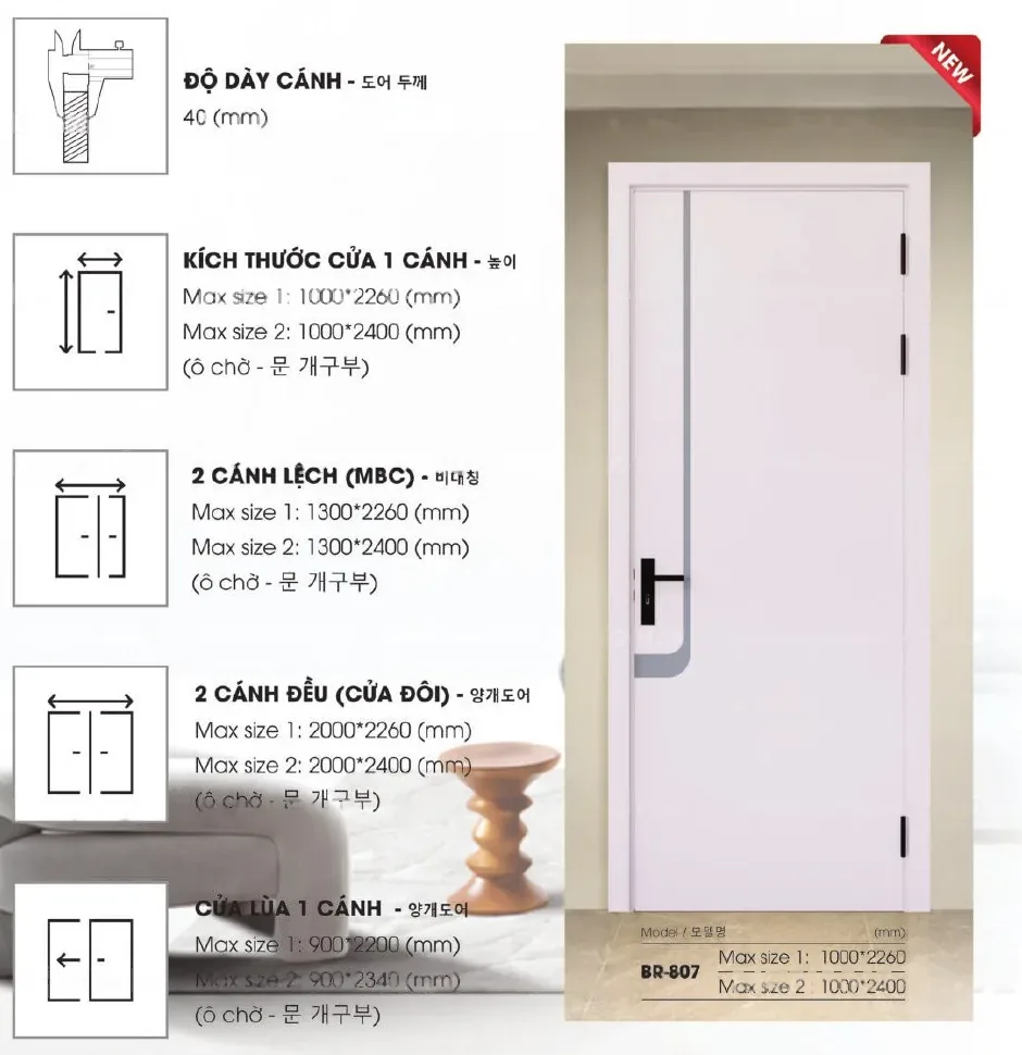 Trang th&ocirc;ng số kỹ thuật d&ograve;ng cửa phối m&agrave;u Barun Door: độ d&agrave;y c&aacute;nh 40 mm, k&iacute;ch thước tối đa cửa 1 c&aacute;nh, mẹ bồng con, cửa đ&ocirc;i, cửa l&ugrave;a v&agrave; mẫu BR-807