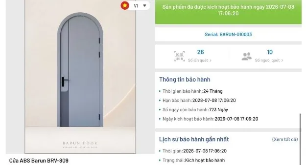 M&agrave;n h&igrave;nh th&ocirc;ng tin bảo h&agrave;nh hiện ra sau khi qu&eacute;t m&atilde; QR tr&ecirc;n tem bảo h&agrave;nh điện tử Barun Door