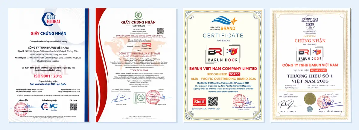 C&aacute;c giấy chứng nhận của cửa nhựa ABS Barun Door: ISO 9001:2015, TCVN 7451:2004 v&agrave; hai danh hiệu thương hiệu