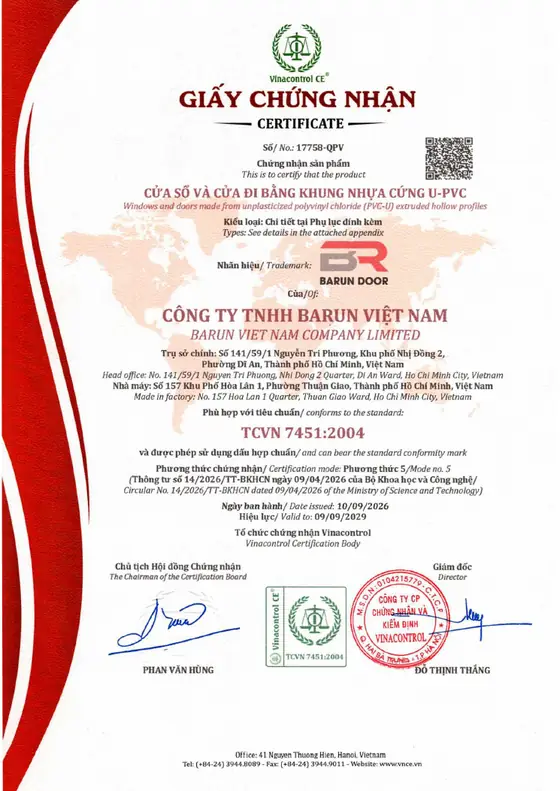 Giấy chứng nhận cửa nhựa ABS Barun Door ph&ugrave; hợp ti&ecirc;u chuẩn quốc gia TCVN 7451:2004