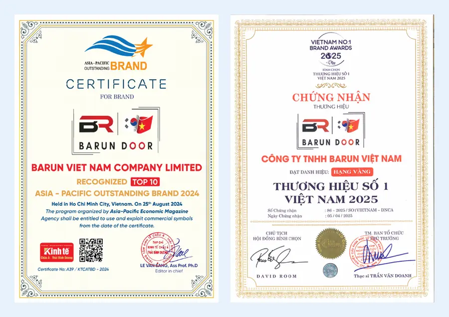 Hai giấy chứng nhận danh hiệu thương hiệu Barun Door năm 2024 v&agrave; 2025