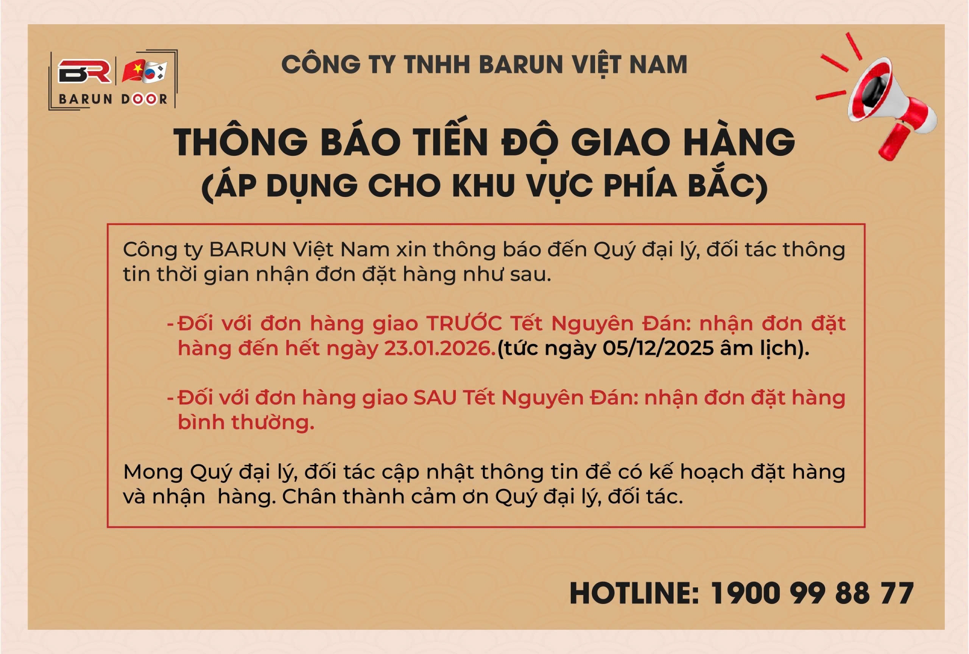 Th&ocirc;ng b&aacute;o thời gian nhận đơn của barun door cho miền Bắc