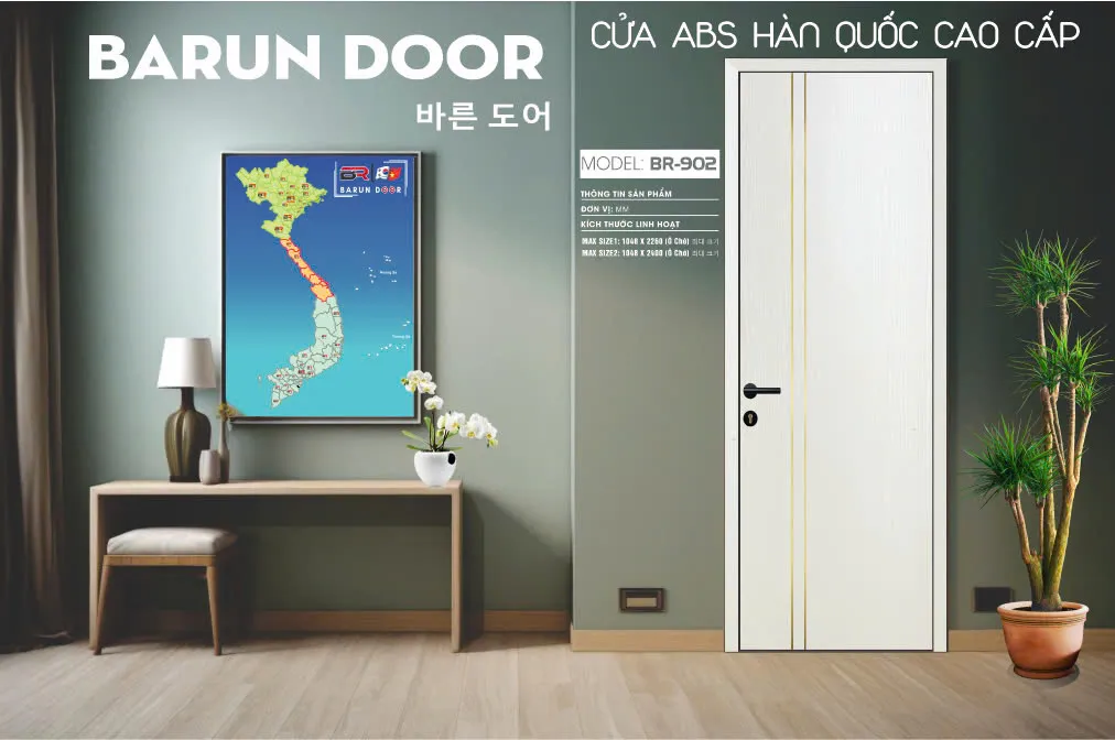 Cửa chỉ nh&ocirc;m BR-902 Barun Door m&agrave;u trắng với hai đường chỉ nh&ocirc;m v&agrave;ng