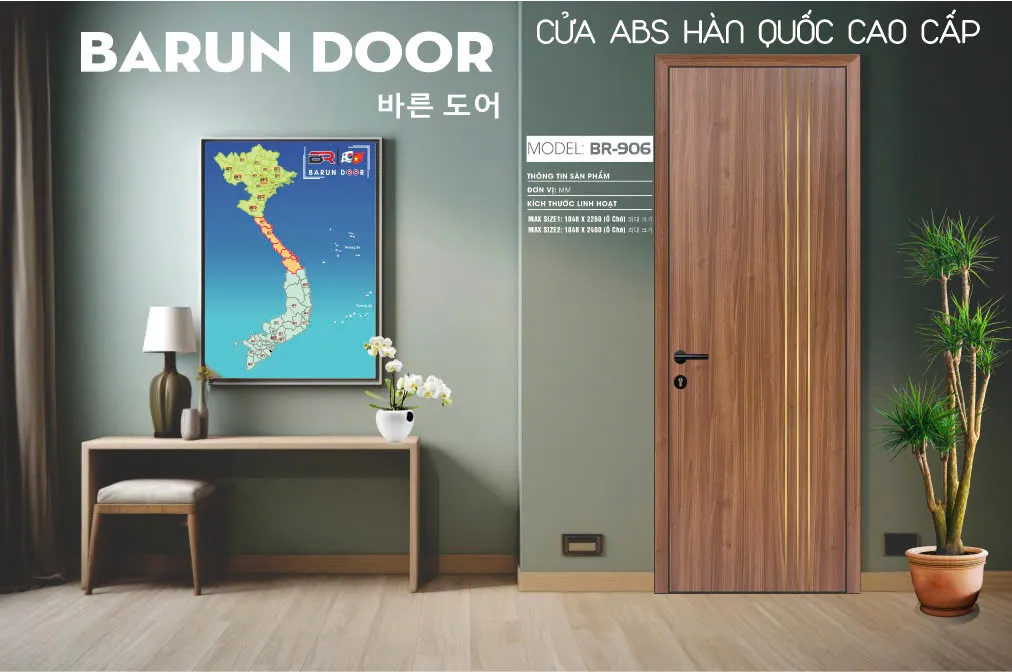 Cửa chỉ nh&ocirc;m BR-906 ABS H&agrave;n Quốc với ba đường chỉ nh&ocirc;m v&agrave;ng dọc v&agrave; th&ocirc;ng tin k&iacute;ch thước &ocirc; chờ