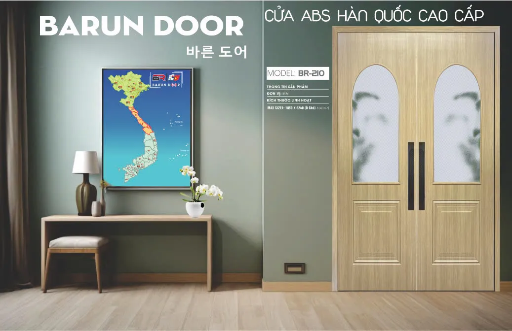 Cửa đ&ocirc;i BR-210 Barun Door v&acirc;n gỗ s&aacute;ng kết hợp hai &ocirc; k&iacute;nh v&ograve;m