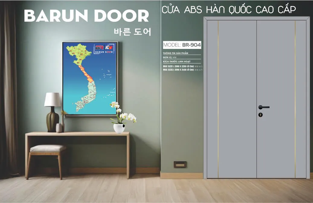 Cửa đ&ocirc;i BR-904 Barun Door m&agrave;u x&aacute;m hiện đại
