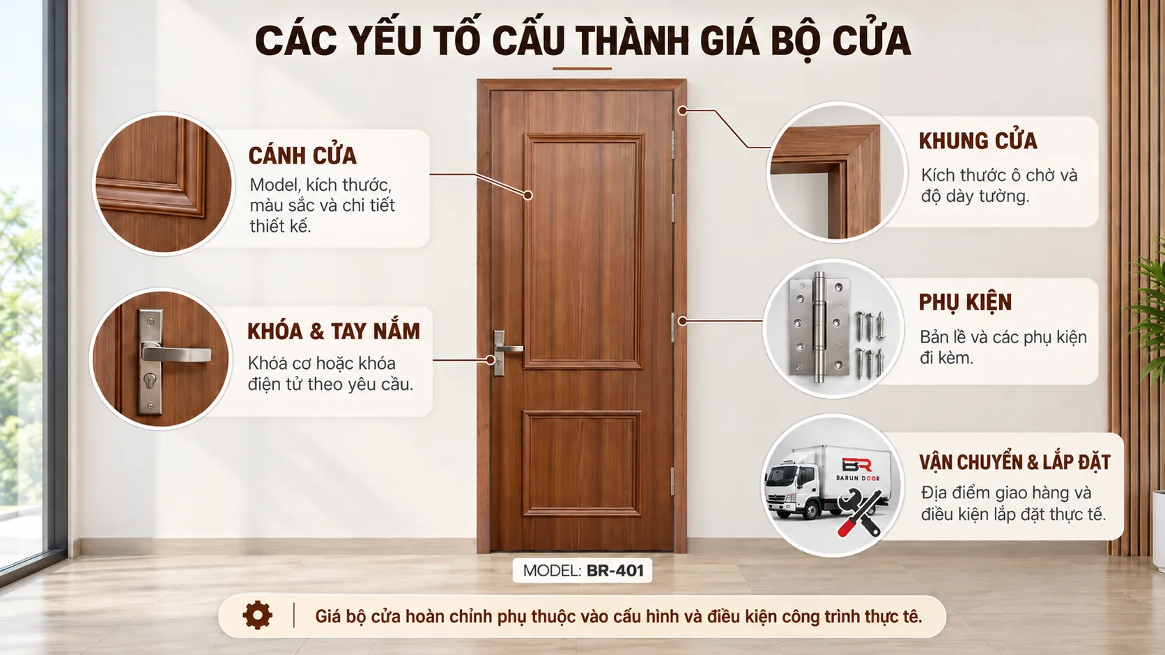 Cửa ph&agrave;o nổi BR-401 v&agrave; c&aacute;c yếu tố cấu th&agrave;nh gi&aacute; bộ cửa