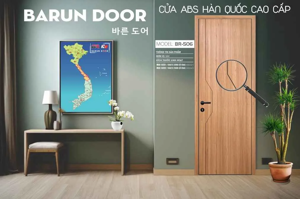 Mẫu cửa thiết kế BR-506 v&acirc;n gỗ s&aacute;ng với đường n&eacute;t tối giản
