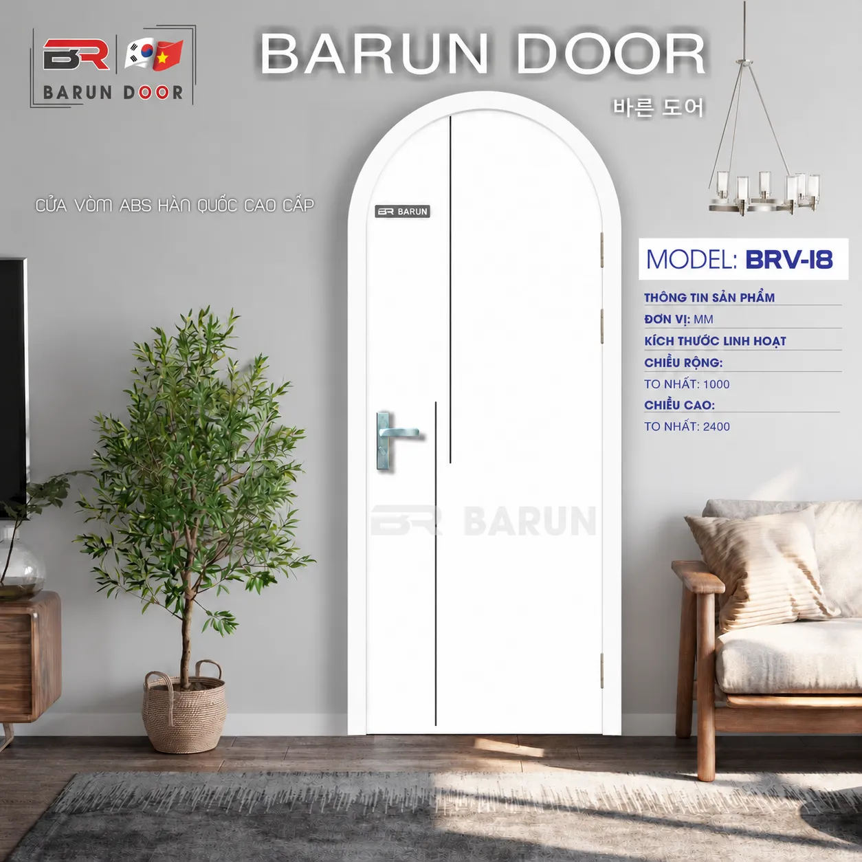 Cửa v&ograve;m BRV-18 m&agrave;u trắng Barun Door trong kh&ocirc;ng gian nội thất